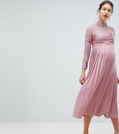 Платье миди с кружевным топом и плиссированной юбкой Little Mistress Maternity - Розовый