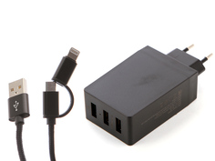 Зарядное устройство DF Tor-05 3xUSB QC 3.0 Smart Charge + Кабель MicroUSB/Lightning