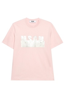 Розовая футболка с серебристым логотипом Msgm