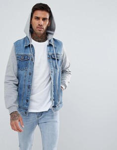 Синяя джинсовая куртка с трикотажными рукавами и капюшоном Pull&Bear - Синий Pull&;Bear