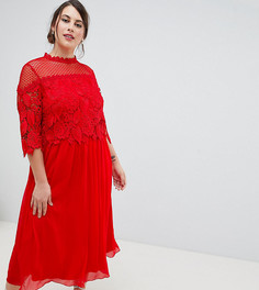 Красное приталенное платье миди с кружевным лифом Little Mistress Plus - Красный