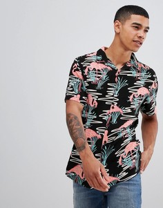 Рубашка с принтом фламинго и воротником в виде лацканов Urban Threads - Черный