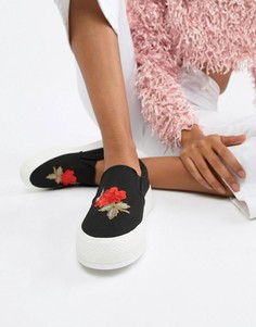 Туфли-слипоны с вышивкой роз Glamorous - Черный