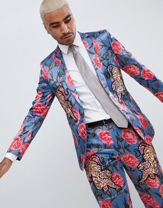 Приталенный пиджак с цветочным принтом и тигровыми нашивками ASOS EDITION - Синий