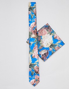 Узкий синий галстук и платок для нагрудного кармана с цветочным принтом ASOS DESIGN wedding - Синий
