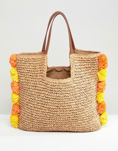 Соломенная пляжная сумка с помпонами Chateau - Бежевый