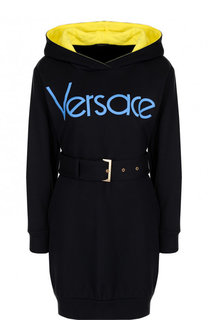 Удлиненный хлопковый свитшот с капюшоном и поясом Versace