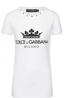 Хлопковая футболка с декоративной отделкой и принтом Dolce & Gabbana