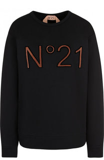 Хлопковый пуловер с круглым вырезом и логотипом бренда No. 21