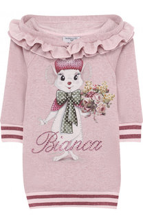 Хлопковое мини-платье прямого кроя с капюшоном Monnalisa