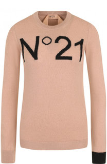 Кашемировый пуловер с логотипом бренда и контрастной отделкой на рукаве No. 21