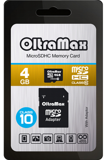 Карта памяти 4Gb - OltraMax - Micro Secure Digital HC Class 10 OM004GCSDHC10 с переходником под SD