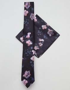 Галстук и платок для нагрудного кармана с цветочным принтом Religion wedding - Черный