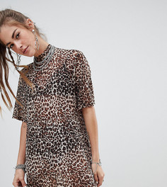 Сетчатое платье-футболка в стиле oversize с леопардовым принтом One Above Another - Коричневый