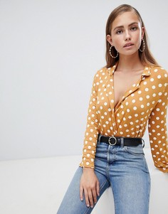 Боди в горошек с запахом PrettyLittleThing - Бежевый
