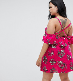 Платье с цветочным принтом, оборками и перекрестной отделкой на спине NVME - Красный