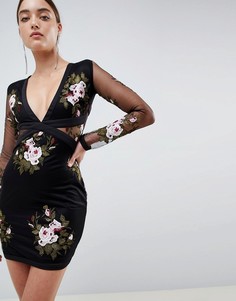 Платье мини с цветочной вышивкой Rare - Черный