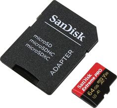 Карта памяти microSDXC UHS-I U3 SANDISK Extreme 64 ГБ, 100 МБ/с, Class 10, SDSQXCG-064G-GN6MA, 1 шт., переходник SD