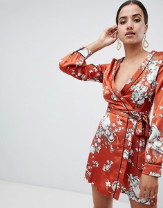 Атласное платье-кимоно с цветочным принтом Missguided - Оранжевый