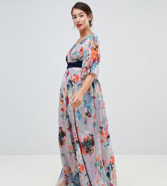 Little Mistress Maternity plunge front maxi dress with cape detail in full bloom print - Мульти