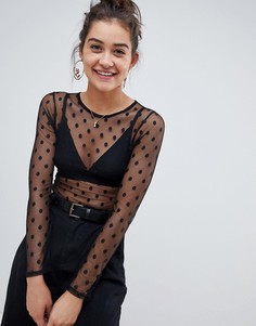 Heartbreak Long Sleeve Bodysuit in Spot Mesh - Черный