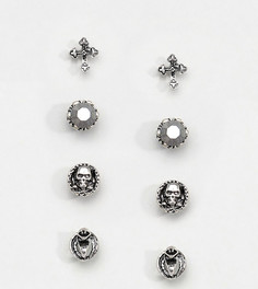 ASOS DESIGN mixed stud earring pack with skull and cross in burnished silver - Серебряный