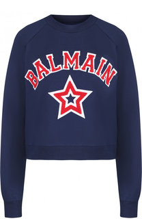 Хлопковый пуловер с круглым вырезом и логотипом бренда Balmain