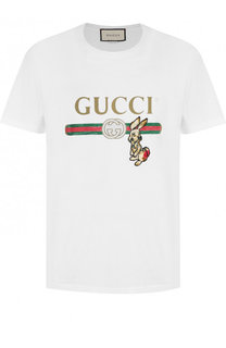 Хлопковая футболка с принтом и нашивкой Gucci