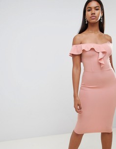 Платье миди с открытыми плечами и оборками AX Paris - Розовый
