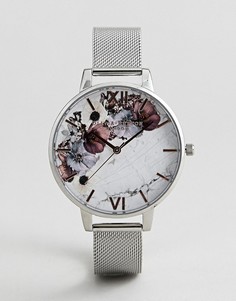 Серебристые часы с сетчатым браслетом и мраморной отделкой на циферблате Olivia Burton OB16MF09 - Серебряный