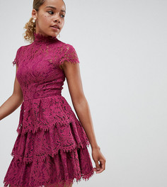 Кружевное короткое приталенное платье с высоким воротником и ярусной юбкой Chi Chi London Petite - Фиолетовый