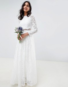 Кружевное свадебное платье макси с укороченным топом и длинными рукавами ASOS EDITION - Белый