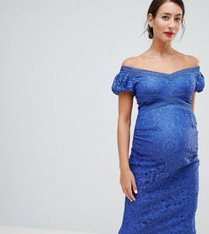 Кружевное платье-футляр миди с открытыми плечами Little Mistress Maternity - Синий