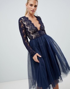 Платье с кружевным топом и длинными рукавами Rare London - Темно-синий
