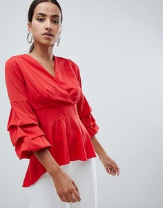 Рубашка с запахом и оборками на рукавах AX Paris - Красный