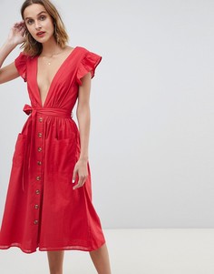 Платье миди на пуговицах с рукавами клеш Neon Rose - Красный