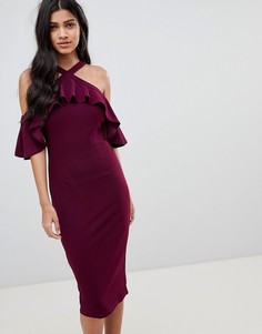 Платье миди с лямкой через шею, открытыми плечами и оборками Girl In Mind - Фиолетовый