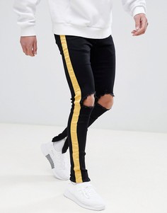 Черные супероблегающие джинсы с желтыми полосками по бокам Sixth June - Черный