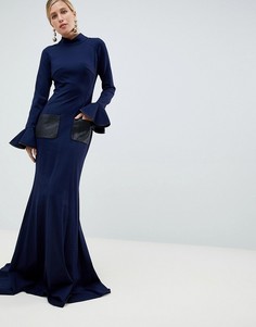 Платье макси с высокой горловиной и длинными рукавами Jovani - Темно-синий