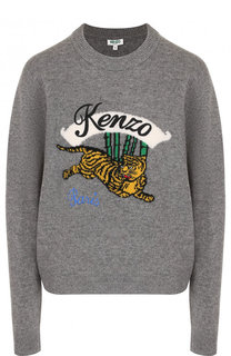 Шерстяной пуловер с круглым вырезом и декоративной нашивкой Kenzo