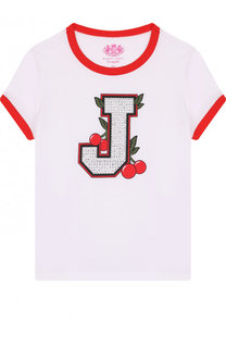 Хлопковая футболка с контрастной отделкой и стразами Juicy Couture