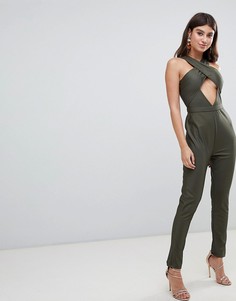 Rare London wrap over with cut out jumpsuit - Зеленый