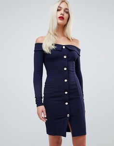 Outrageous Fortune off shoulder long sleeve tuxedo mini dress in navy - Темно-синий