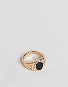 Золотистое кольцо-печатка с черным камнем DesignB - Золотой