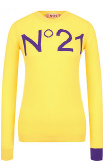 Кашемировый пуловер с логотипом бренда и контрастной отделкой на рукаве No. 21