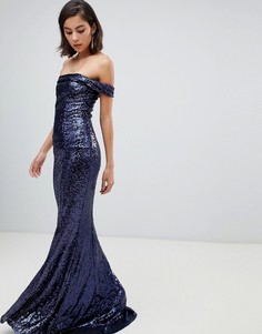 City Goddess Bardot Sequin Maxi Dress With Bow Detail - Темно-синий