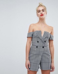 Серый клетчатый ромпер двубортного кроя с пуговицами River Island - Серый
