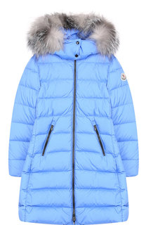 Пуховое пальто на молнии с капюшоном и меховой отделкой Moncler Enfant