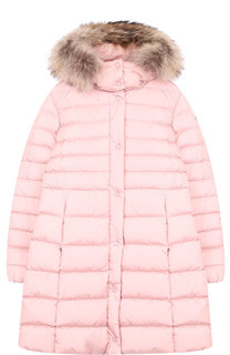 Пуховое пальто на молнии с капюшоном и меховой отделкой Moncler Enfant