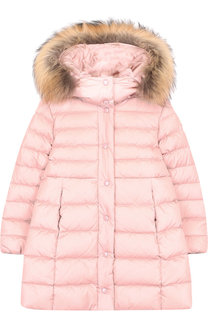 Пуховое пальто на молнии с капюшоном и меховой отделкой Moncler Enfant